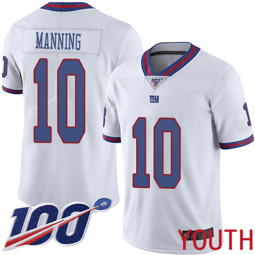 Youth New York Giants #10 Eli Manning Limited White Rush Vapor Untouchable 100th Season Football NFL Jersey
